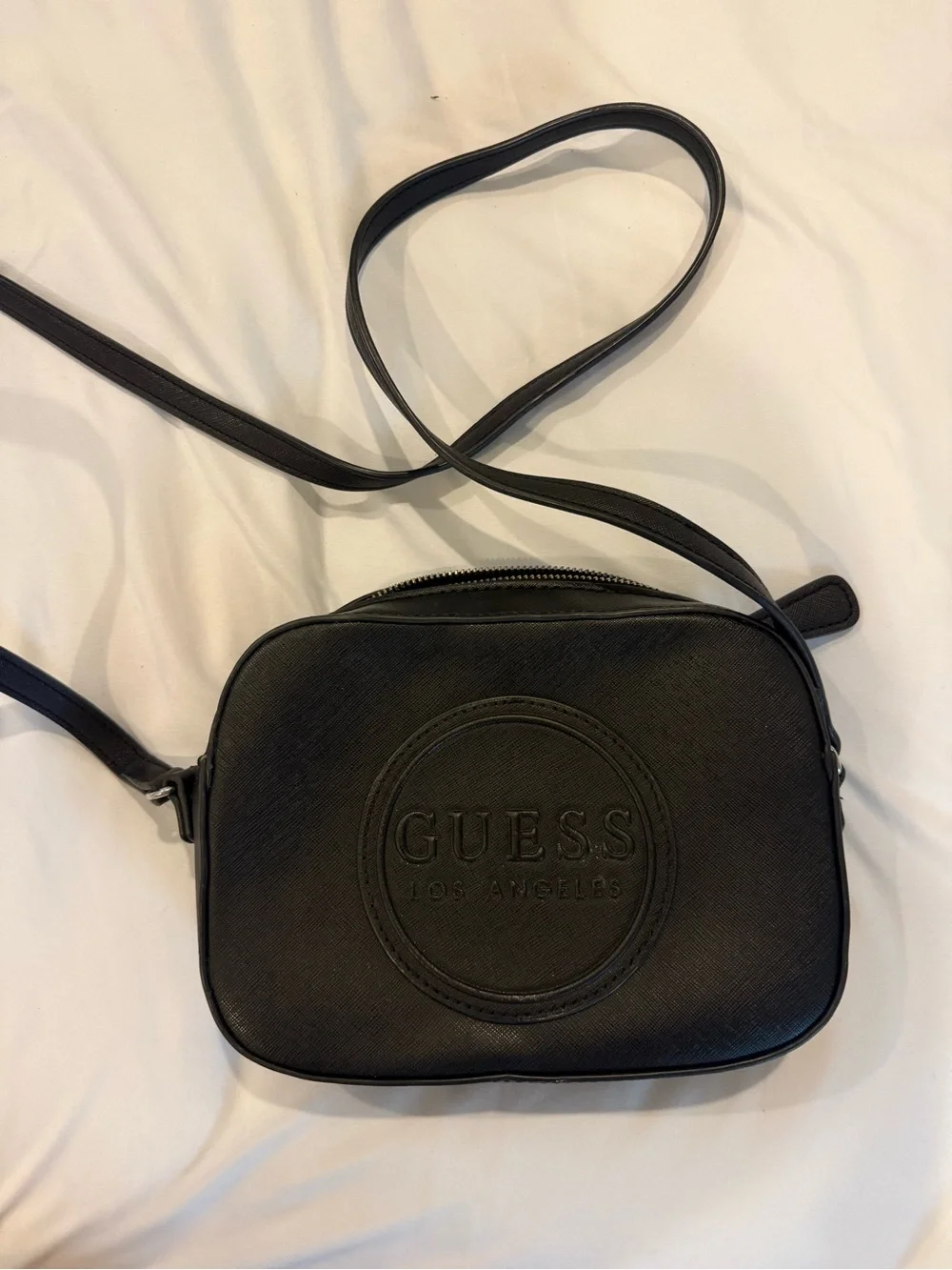 GUESS Black Leather Crossbody Camera Bag with Embossed Logo